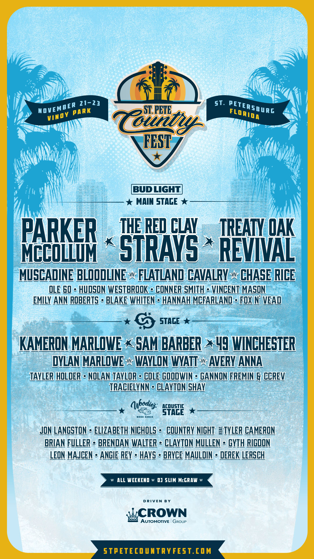 St. Pete Country Fest 2025 Lineup By Stage. November 21-23 at Vinoy Park. Tickets On Sale Now!